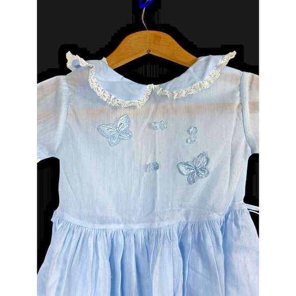1950s Dress Little Girl Blue Peter Pan Collar Butterfly Applique 4 / 5 Vintage - Picture 3 of 11